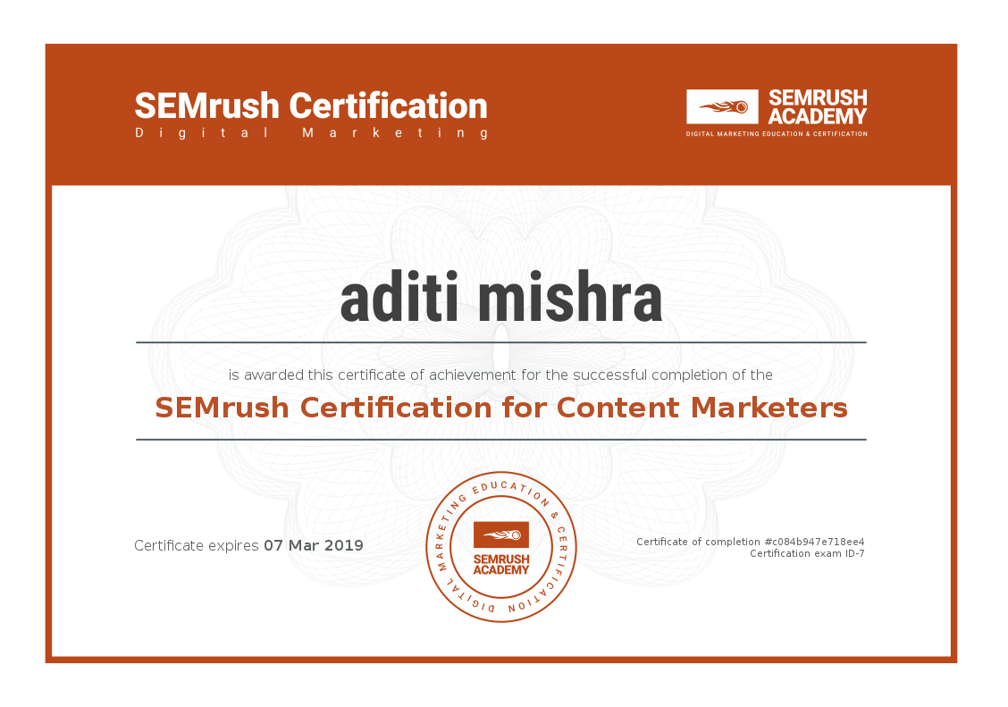 Digital Marketing Certification ~ SEMrush Content Marketers